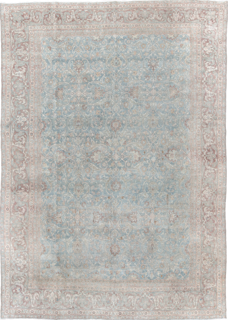 9' x 13' one-of-a-kind handmade vintage Anatol large size rug. Color palette: blue, dark gray, gray, light blue, light gray