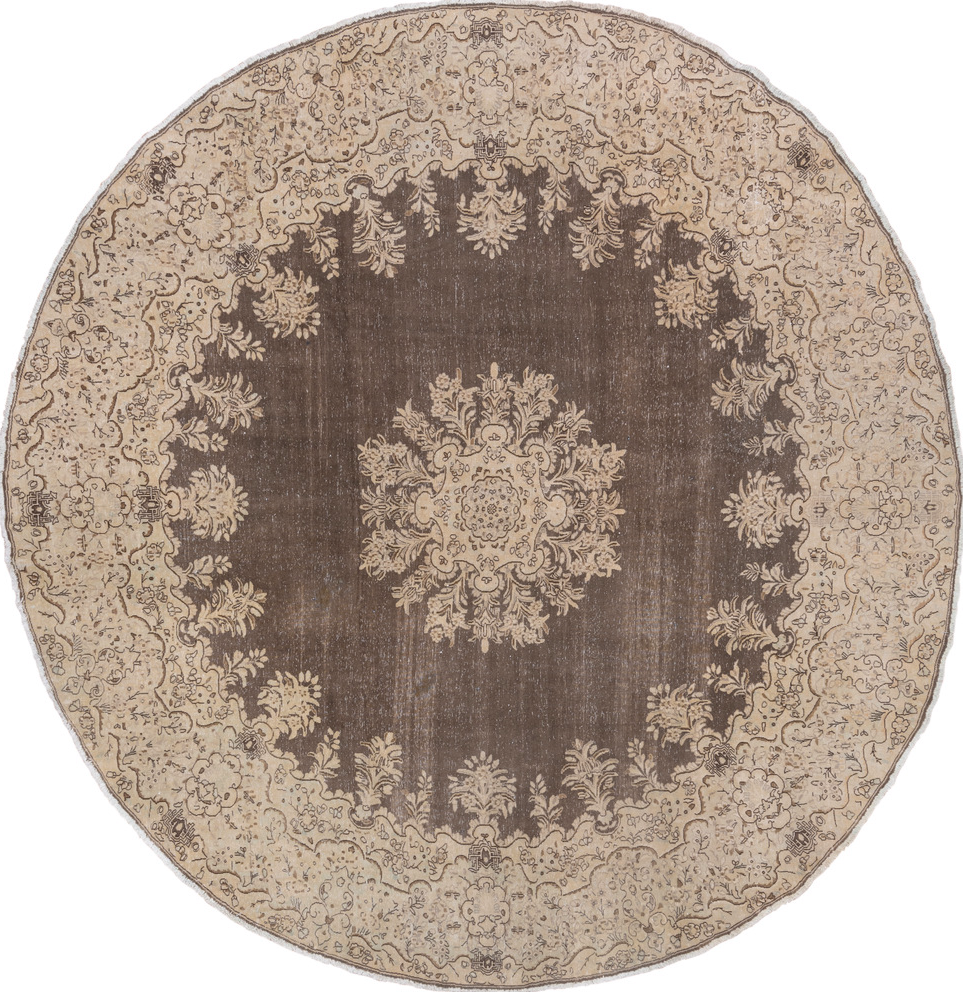 9' x 9' one-of-a-kind handmade vintage Tabriz rug. Color palette: brown, gray, light gray, off-white, pink