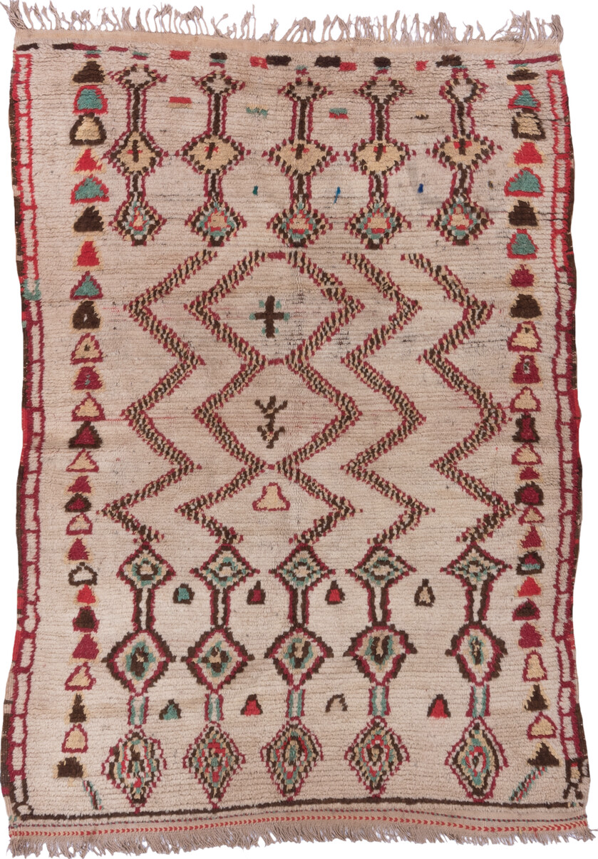 4' x 6' one-of-a-kind handmade vintage Moroccan small size rug. Color palette: brown, gray, light gray, off-white, pink, red