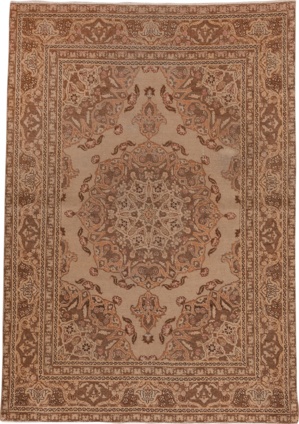 3' x 5' one-of-a-kind handmade vintage Tabriz small size rug. Color palette: brown, gray, light gray, off-white, pink