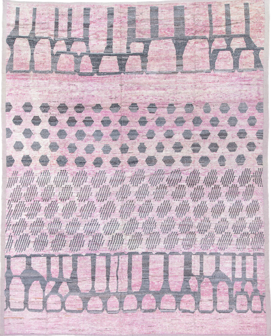 12' x 15' one-of-a-kind handmade vintage Tulu oversize rug. Color palette: black, blue, gainsboro, gray, lavender