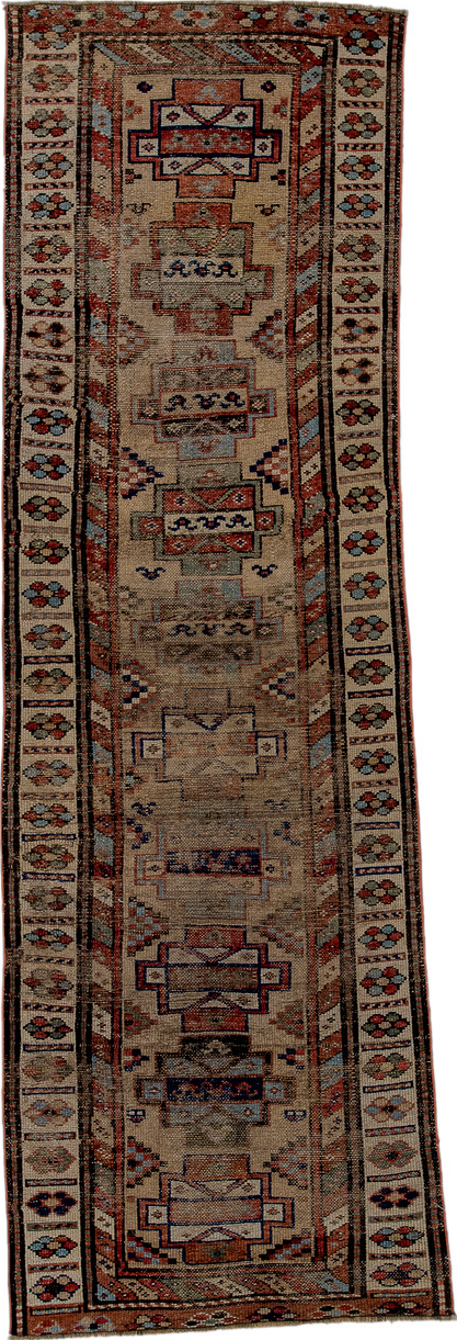 2' x 8' one-of-a-kind handmade vintage NW Persian runner rug. Color palette: black, blue, brown, gainsboro, gray, light gray