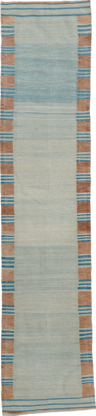 2' x 11' one-of-a-kind handmade vintage Kilim runner rug. Color palette: blue, brown, dim gray, gray, light gray