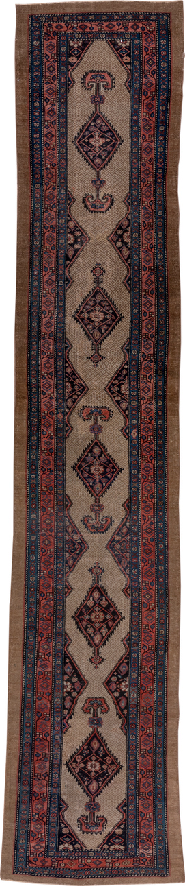 2' x 14' one-of-a-kind handmade vintage Cam Hamadan runner rug. Color palette: blue, brown, dim gray, gray, off-white, pink