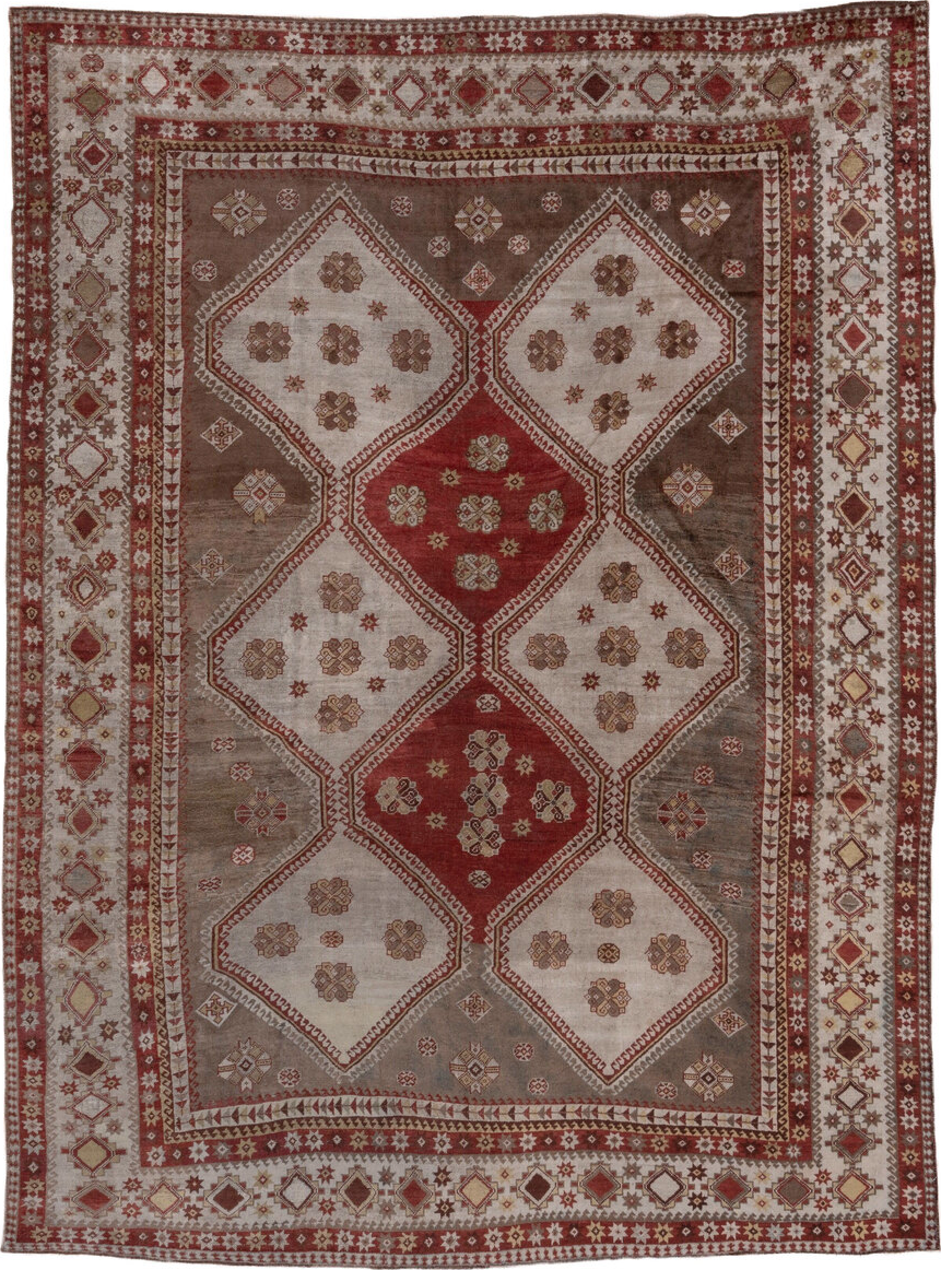 7' x 10' one-of-a-kind handmade vintage Shiraz large size rug. Color palette: brown, gray, light gray, off-white, pink, red