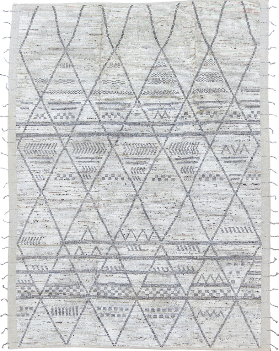 9' x 12' one-of-a-kind handmade vintage Tulu large size rug. Color palette: black, charcoal, dark gray, dim gray, gainsboro