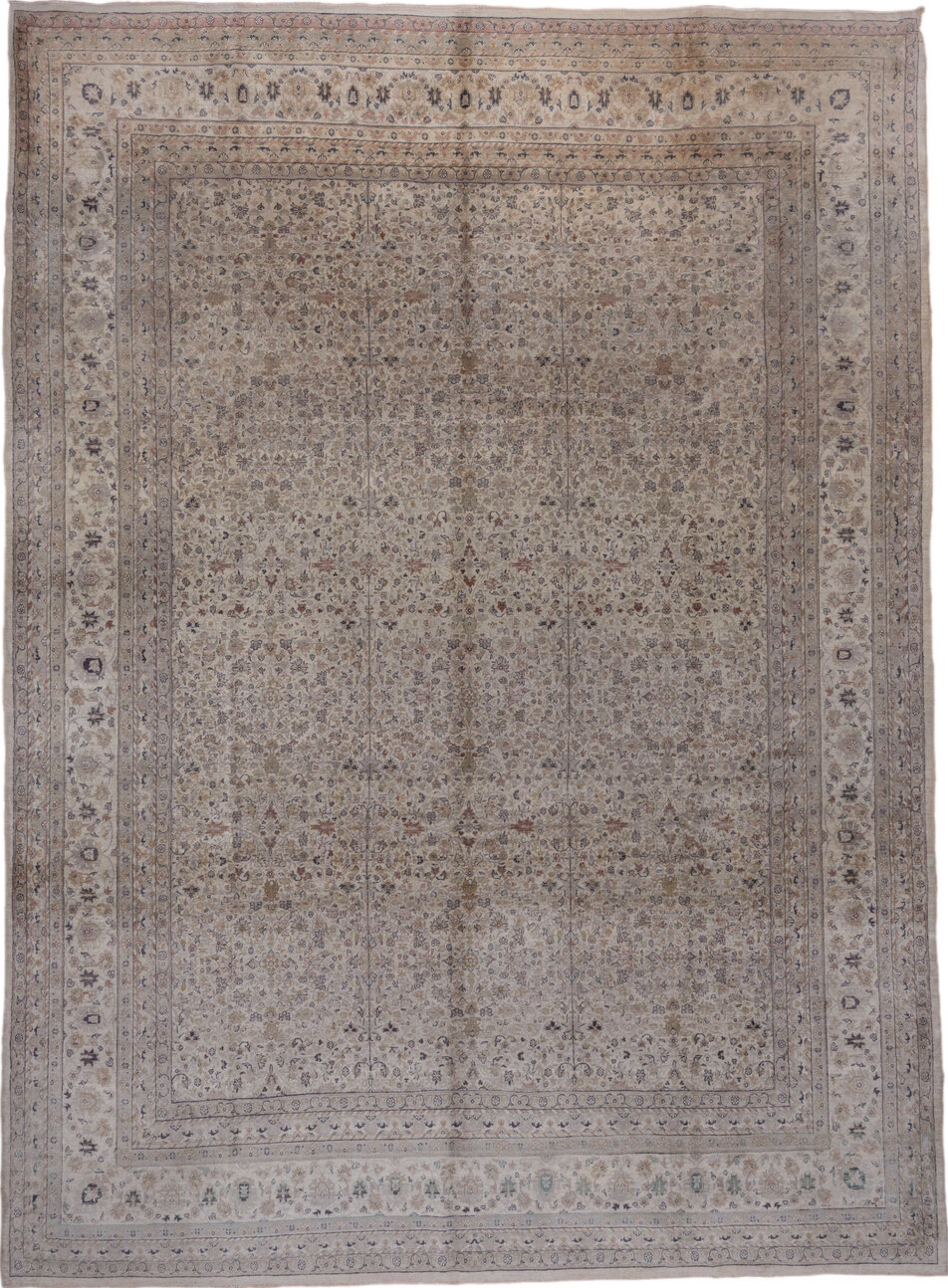 10' x 13' one-of-a-kind handmade vintage large size rug. Color palette: brown, dark gray, dim gray, gray, pink
