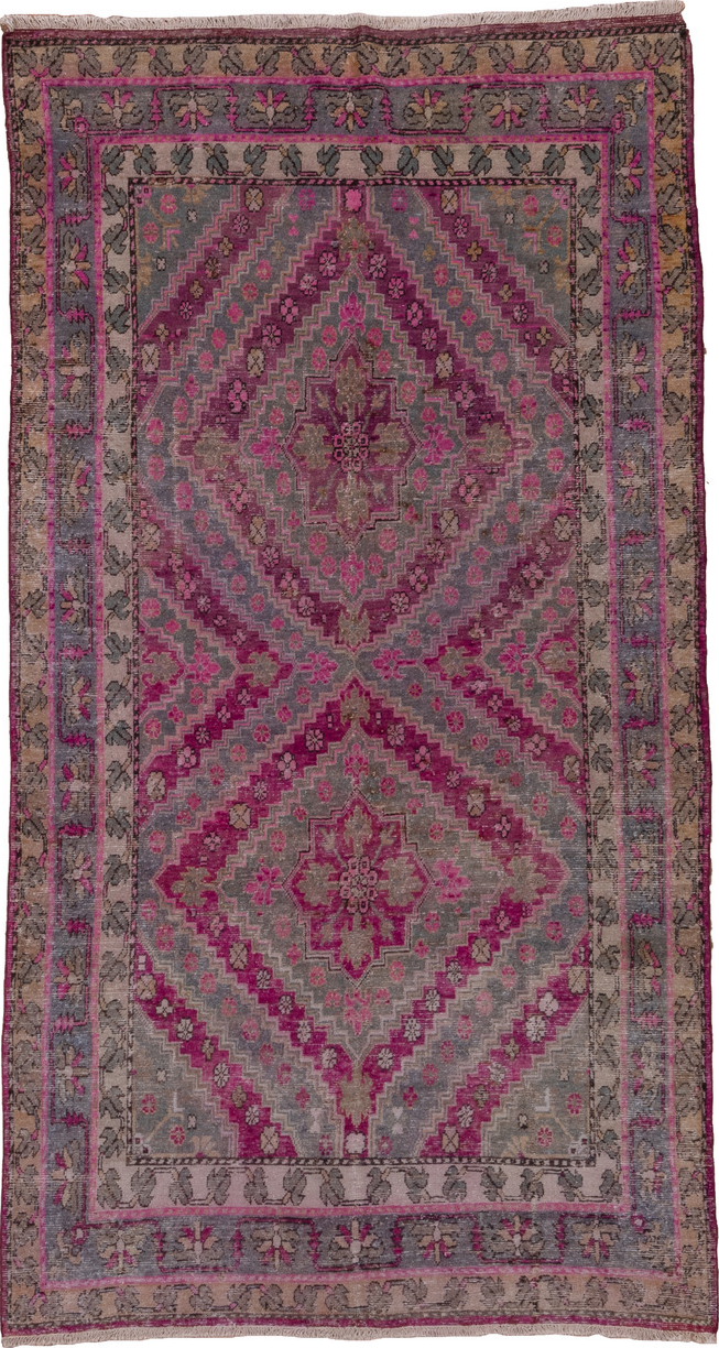4' x 8' one-of-a-kind handmade vintage Khotan rug. Color palette: brown, gray, pink, red