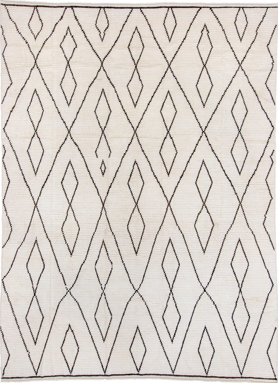 9' x 13' one-of-a-kind handmade vintage Tulu large size rug. Color palette: black, brown, gray, light gray, linen, off-white