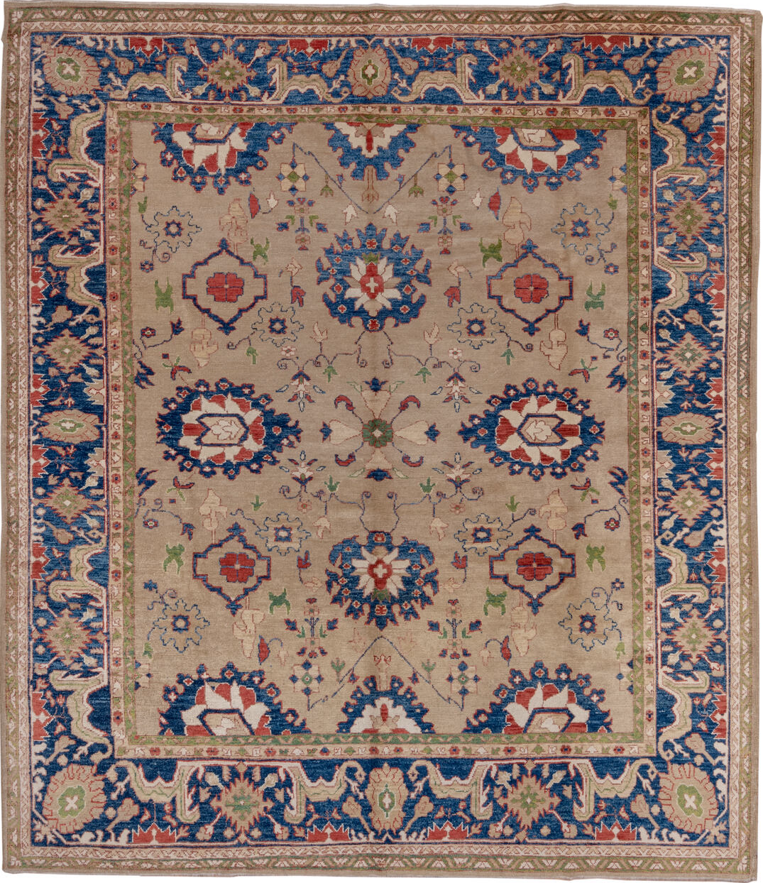 9' x 10' one-of-a-kind handmade vintage Oushak large size rug. Color palette: blue, brown, fiord, gray, pink, red