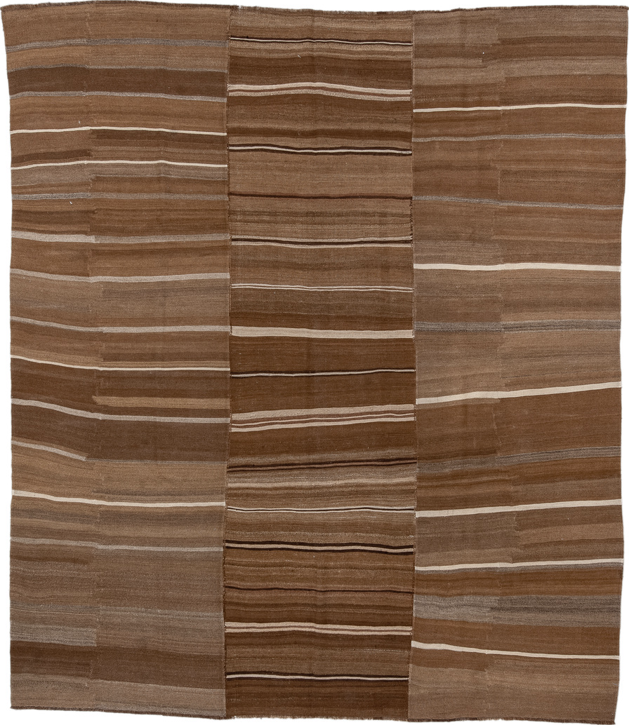 9' x 10' one-of-a-kind handmade vintage Kilim large size rug. Color palette: brown, gray, light gray, off-white, pink