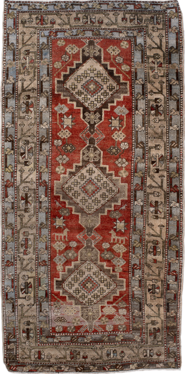 3' x 7' one-of-a-kind handmade vintage Heriz rug. Color palette: blue, brown, gray, light gray, off-white, pink, red