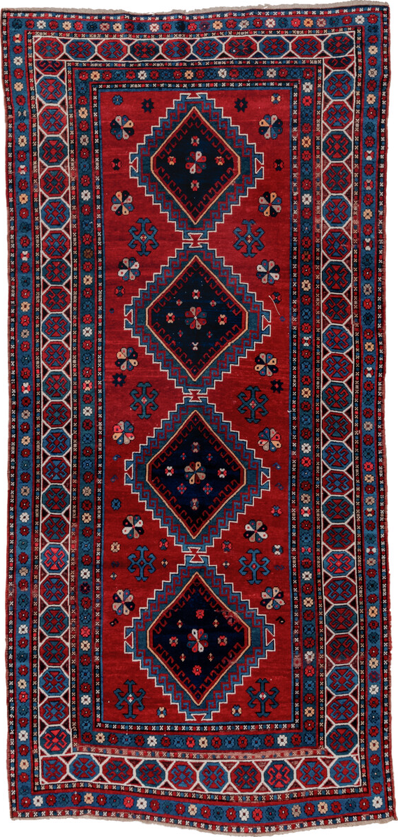 4' x 10' one-of-a-kind handmade vintage Kazak runner rug. Color palette: black, blue, brown, gray, light gray, off-white