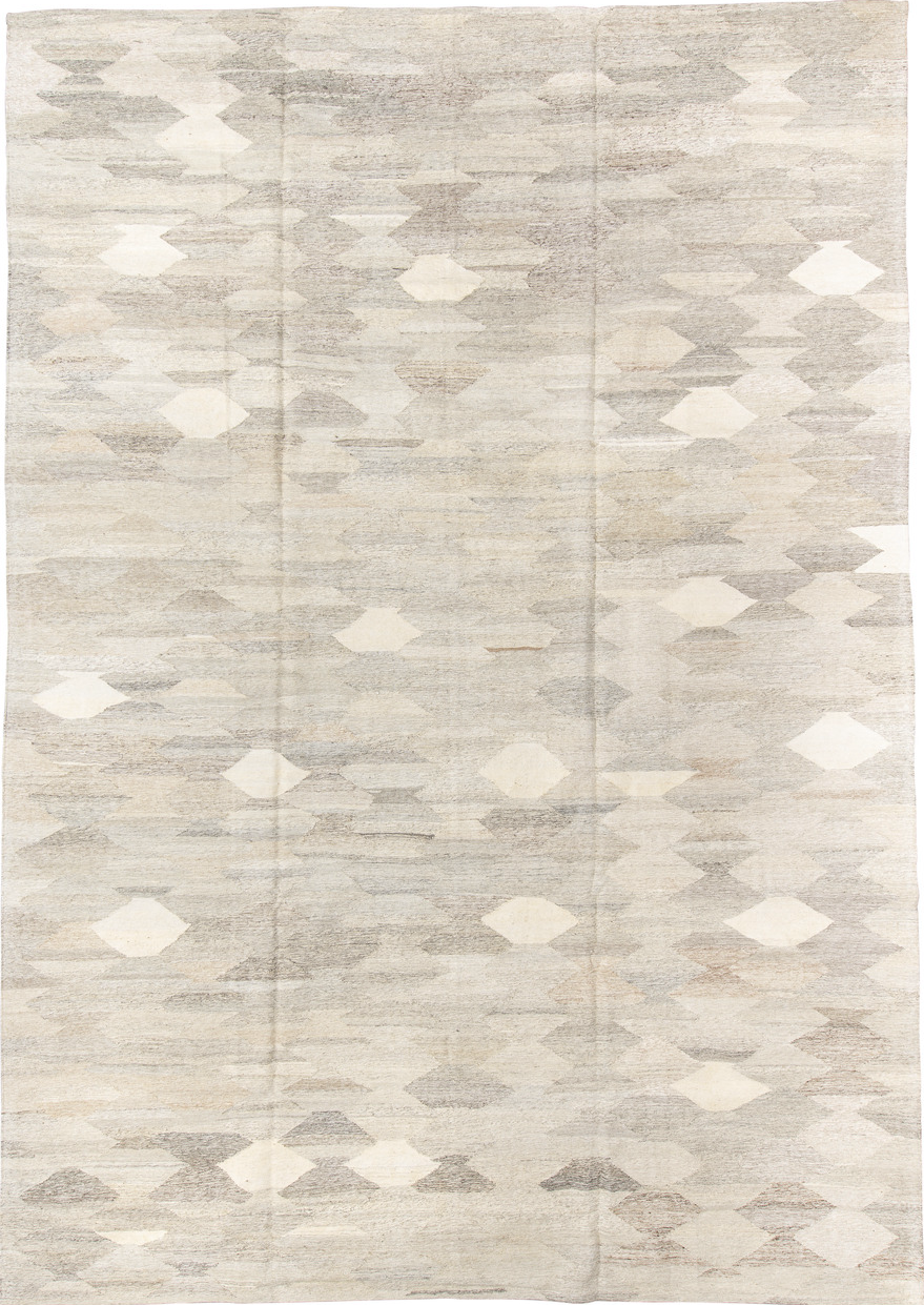 10' x 14' one-of-a-kind handmade vintage Kilim large size rug. Color palette: antiquewhite, brown, dark gray, gray