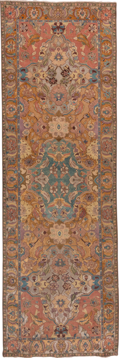 4' x 13' one-of-a-kind handmade vintage Agra runner rug. Color palette: brown, gray, light gray, pink
