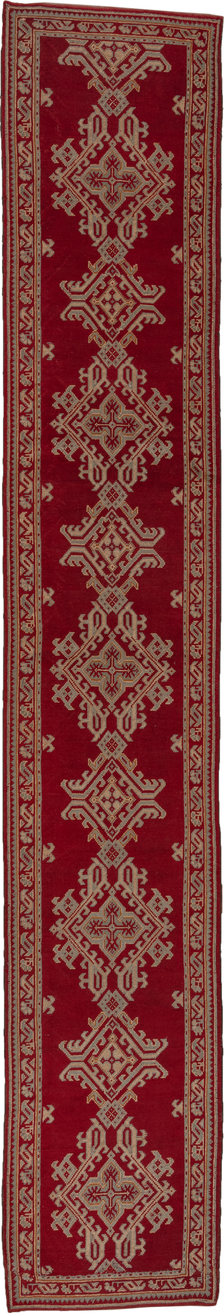 3' x 17' one-of-a-kind handmade vintage Oushak runner rug. Color palette: brown, off-white, pink, red, snow, white