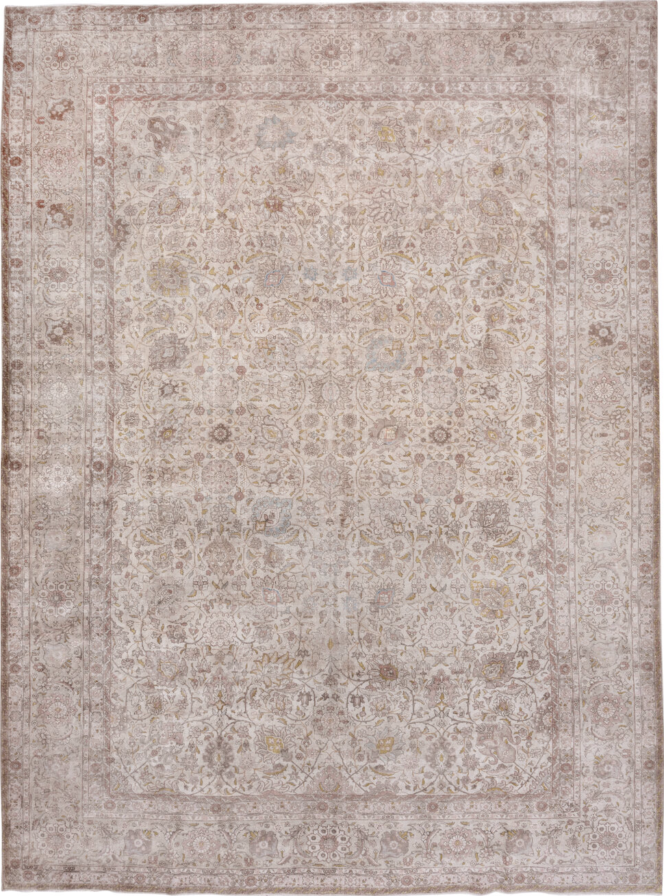 13' x 17' one-of-a-kind handmade vintage Tabriz oversize rug. Color palette: brown, gainsboro, gray, light gray, off-white