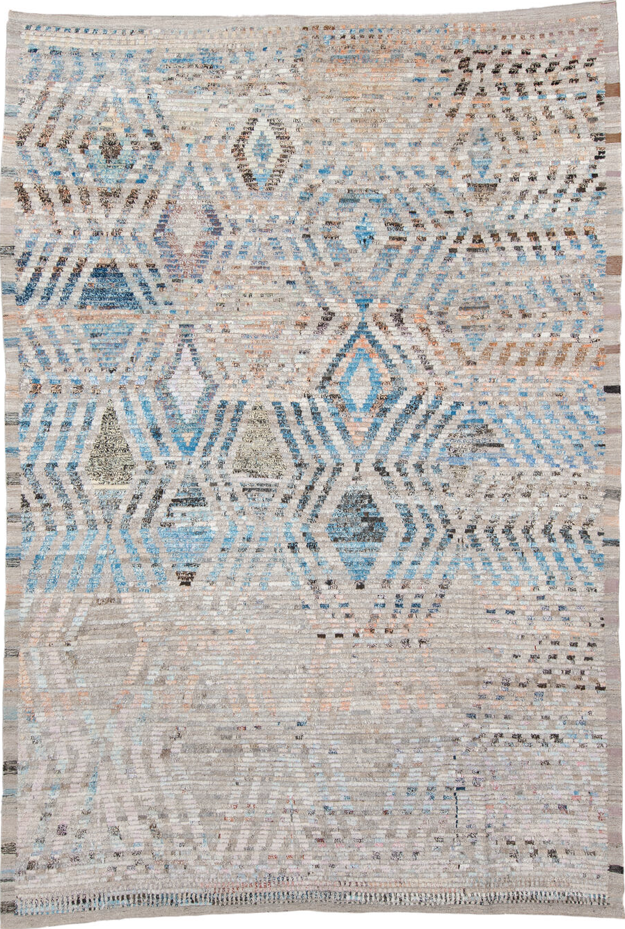 8' x 12' one-of-a-kind handmade vintage Tulu large size rug. Color palette: gray, off-white, light gray, blue, pink