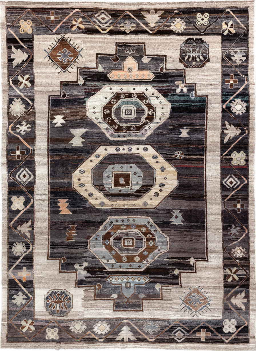 10' x 13' one-of-a-kind handmade vintage Kars large size rug. Color palette: antiquewhite, black, brown, charcoal, gray