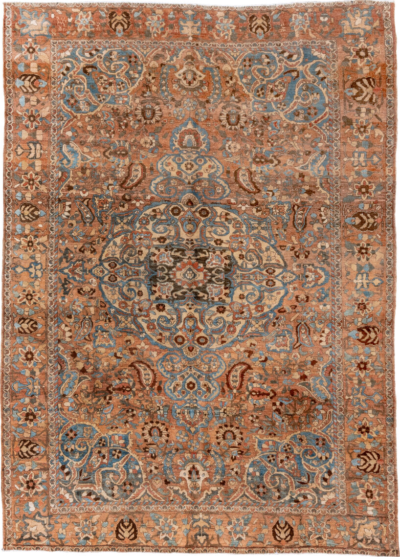 7' x 9' one-of-a-kind handmade vintage Baktiary rug. Color palette: blue, brown, dark gray, dim gray, gray, light gray