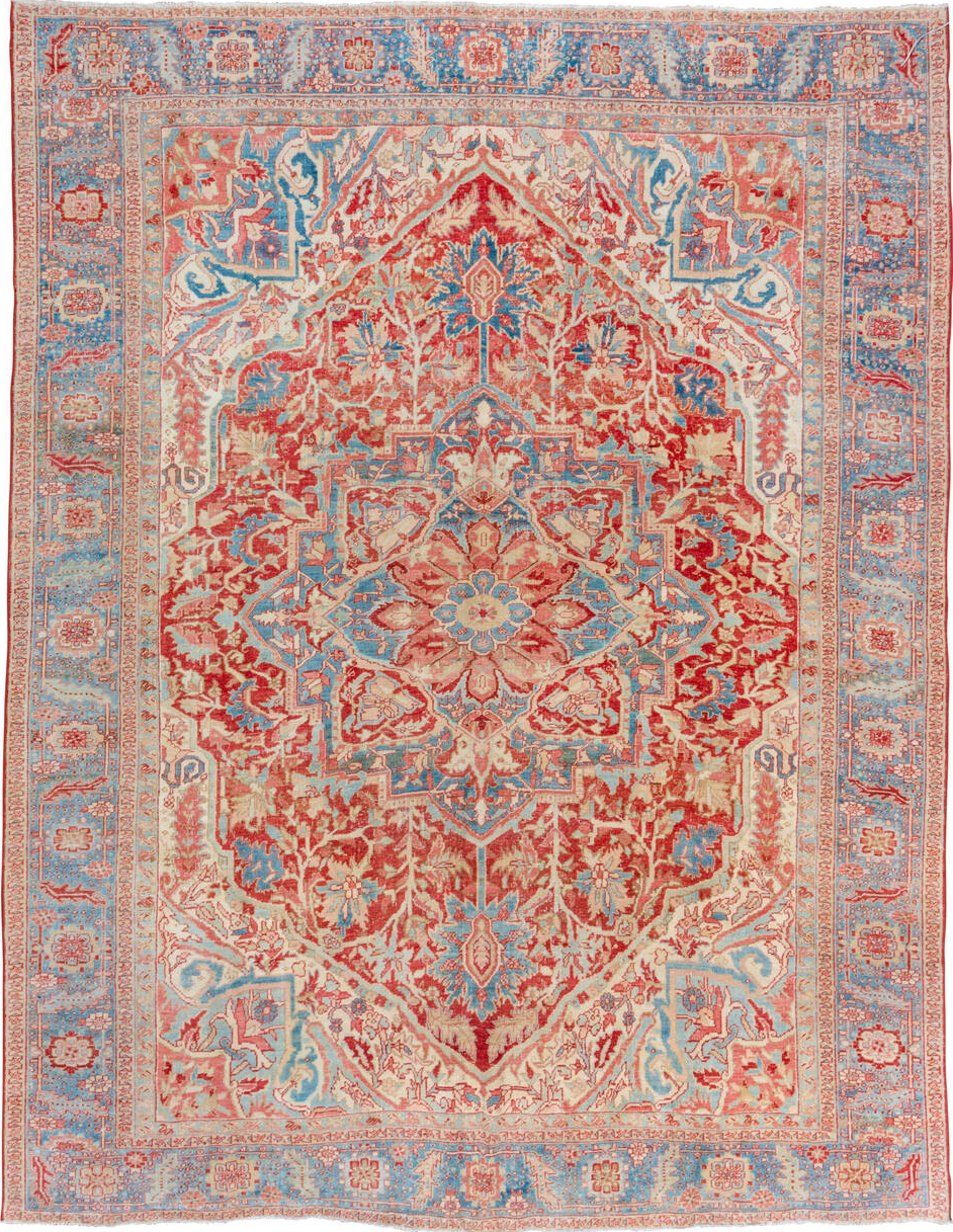 10' x 13' one-of-a-kind handmade vintage Heriz large size rug. Color palette: blue, brown, dark gray, fire brick, gray