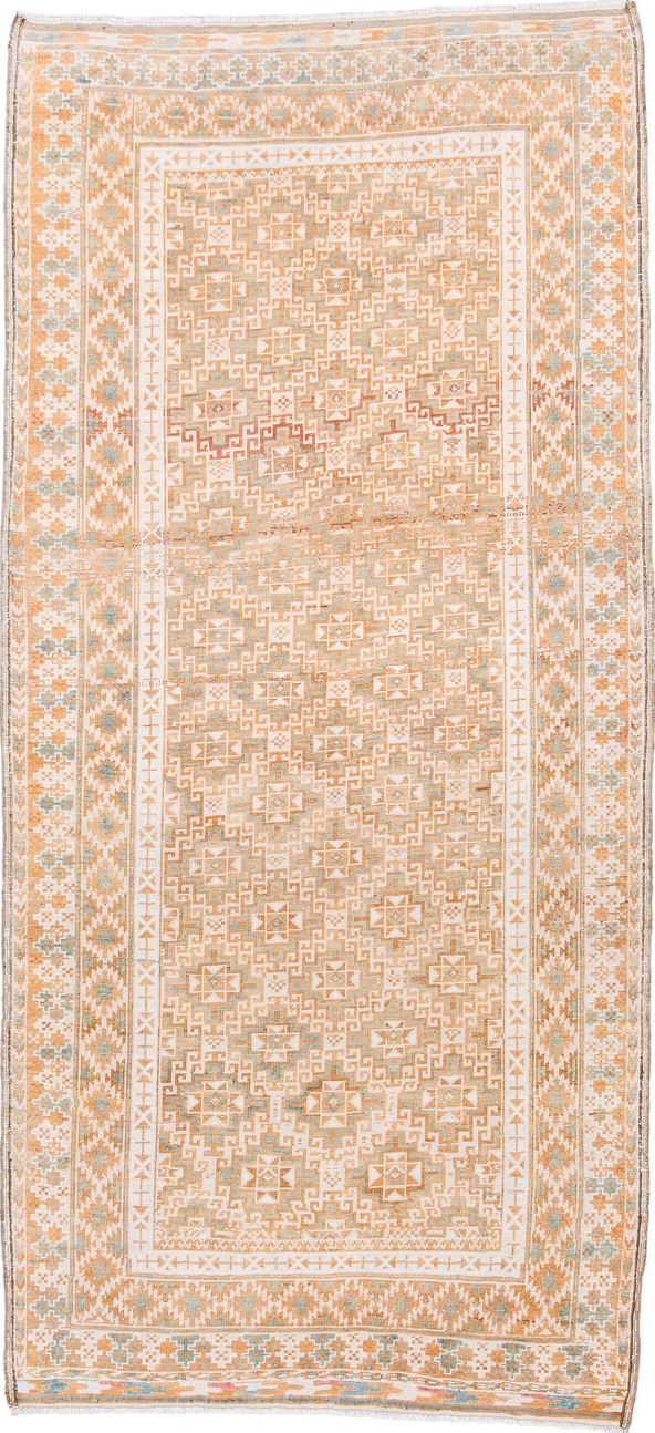 3' x 7' one-of-a-kind handmade vintage Belouch runner rug. Color palette: antiquewhite, blanched almond, brown, gainsboro