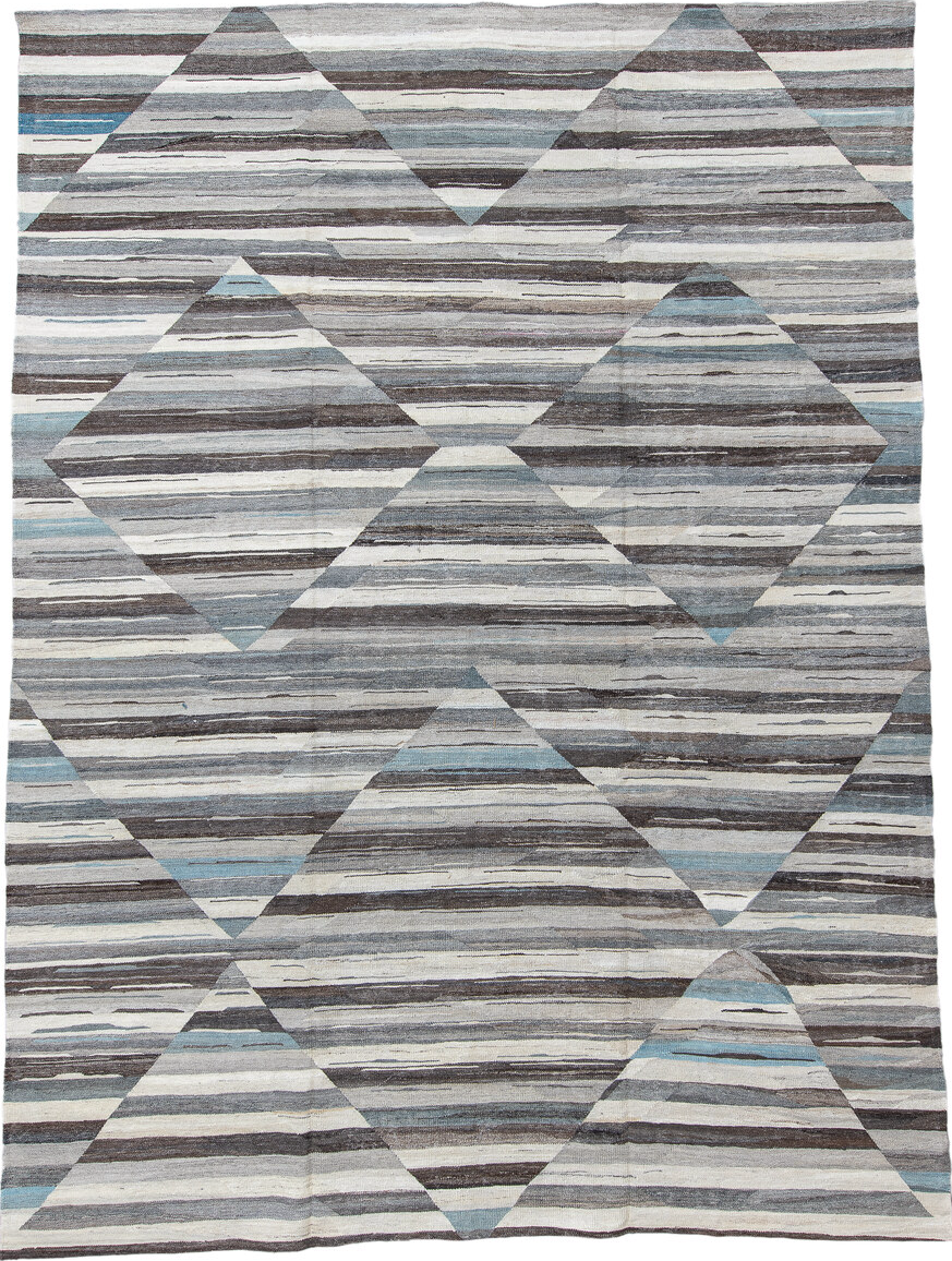 9' x 13' one-of-a-kind handmade vintage Tulu large size rug. Color palette: arapawa, black, blue, charcoal, dim gray, gray