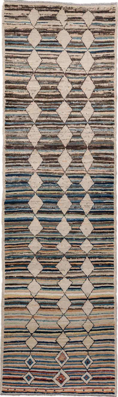 2' x 9' one-of-a-kind handmade vintage Kilim runner rug. Color palette: arapawa, black, blue, brown, dim gray, gray