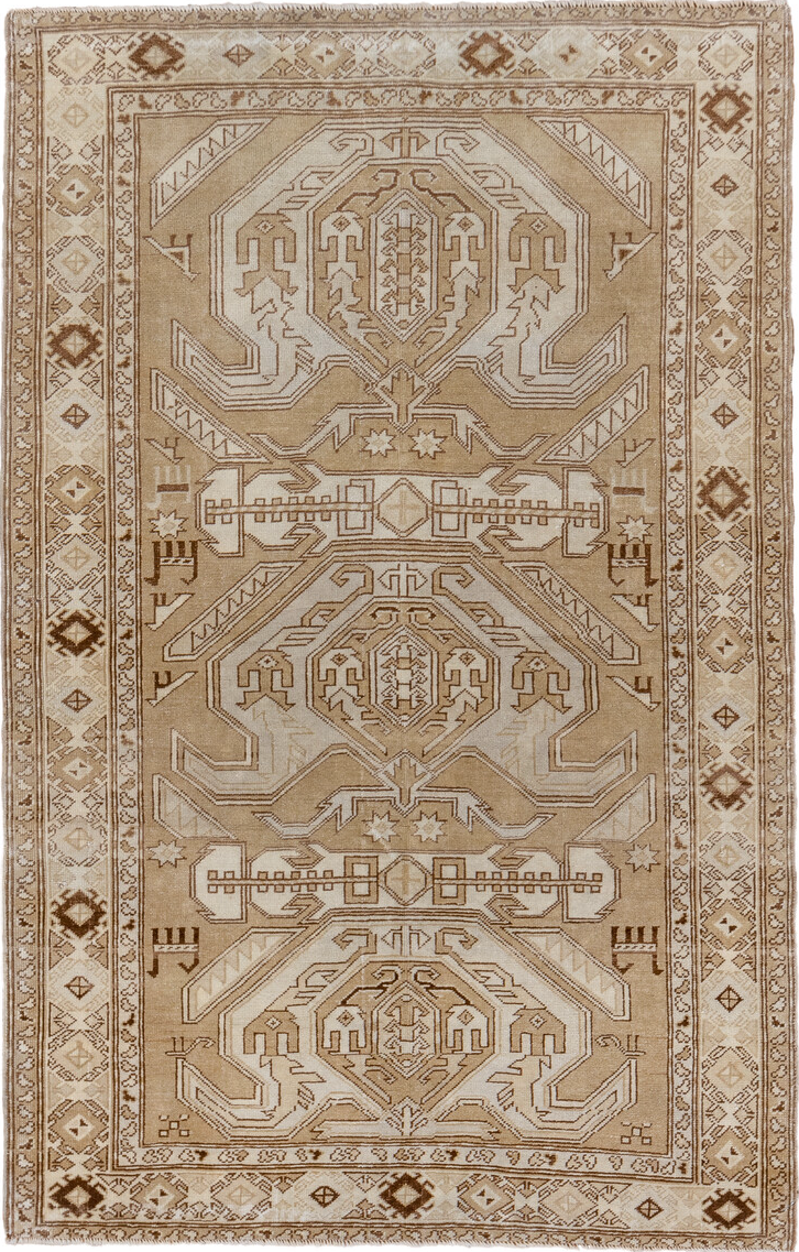 4' x 6' one-of-a-kind handmade vintage Caucasian small size rug. Color palette: brown, gray, light gray, off-white