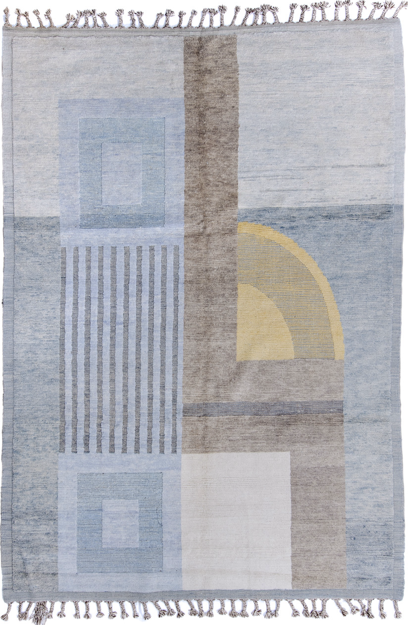 6' x 9' one-of-a-kind handmade vintage Tulu medium size rug. Color palette: brown, gray, light blue, light gray, off-white