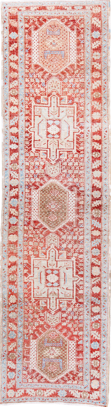 2' x 10' one-of-a-kind handmade vintage Karaje runner rug. Color palette: antiquewhite, brown, fire brick, gray