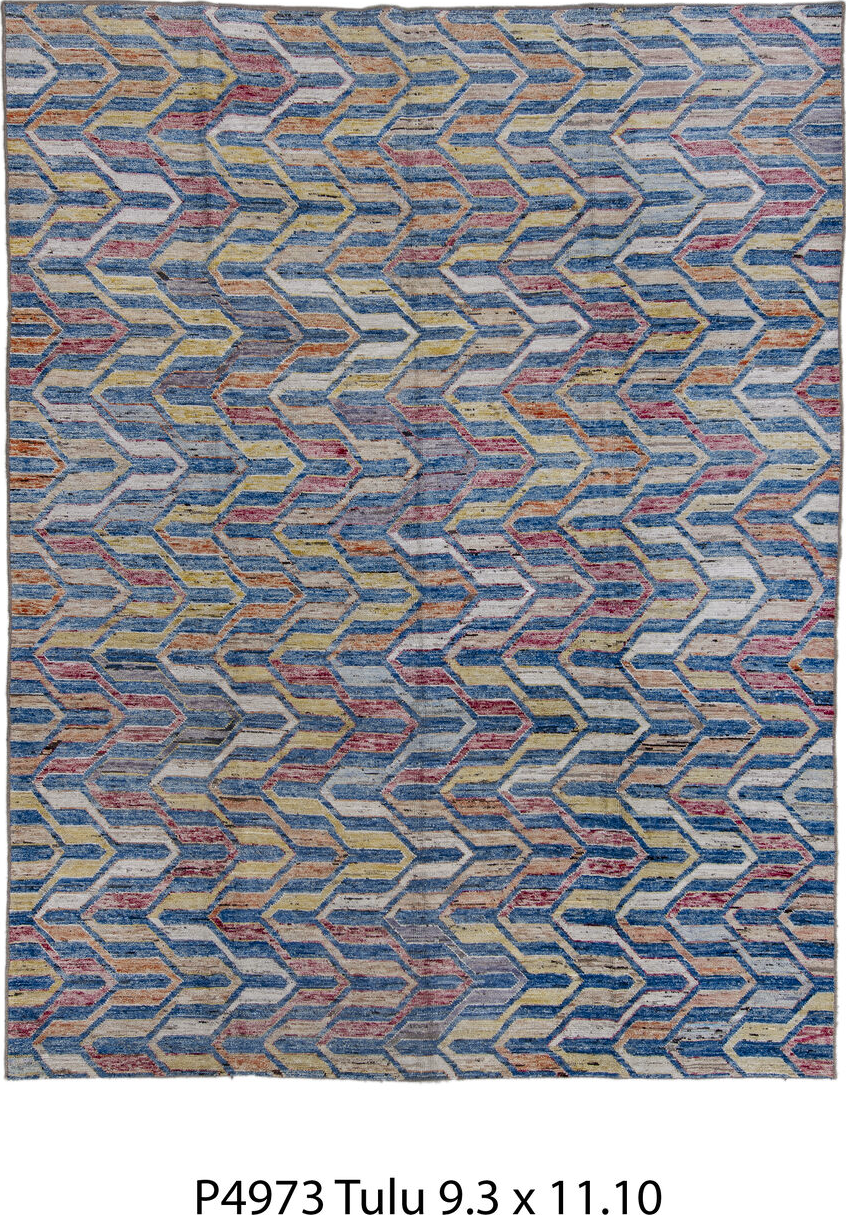 9' x 11' one-of-a-kind handmade vintage Tulu large size rug. Color palette: azure, black, blue, charcoal, dark gray