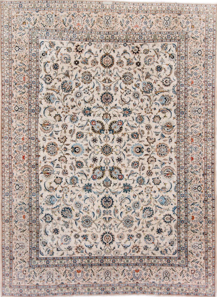 8' x 11' one-of-a-kind handmade vintage Kashan large size rug. Color palette: black, brown, gray, pink, off-white, blue