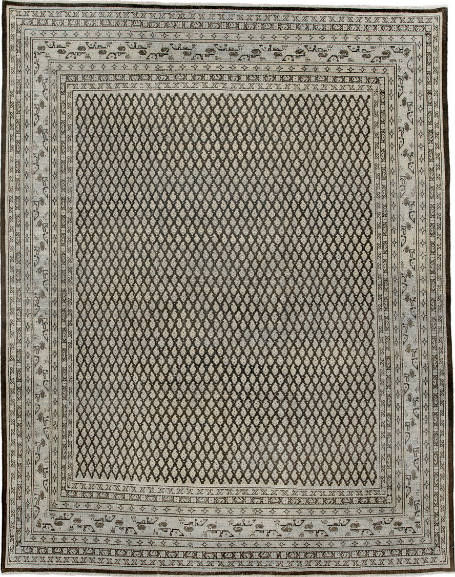 6' x 7' one-of-a-kind handmade vintage Mir rug. Color palette: light gray, off-white, gray, black, silver