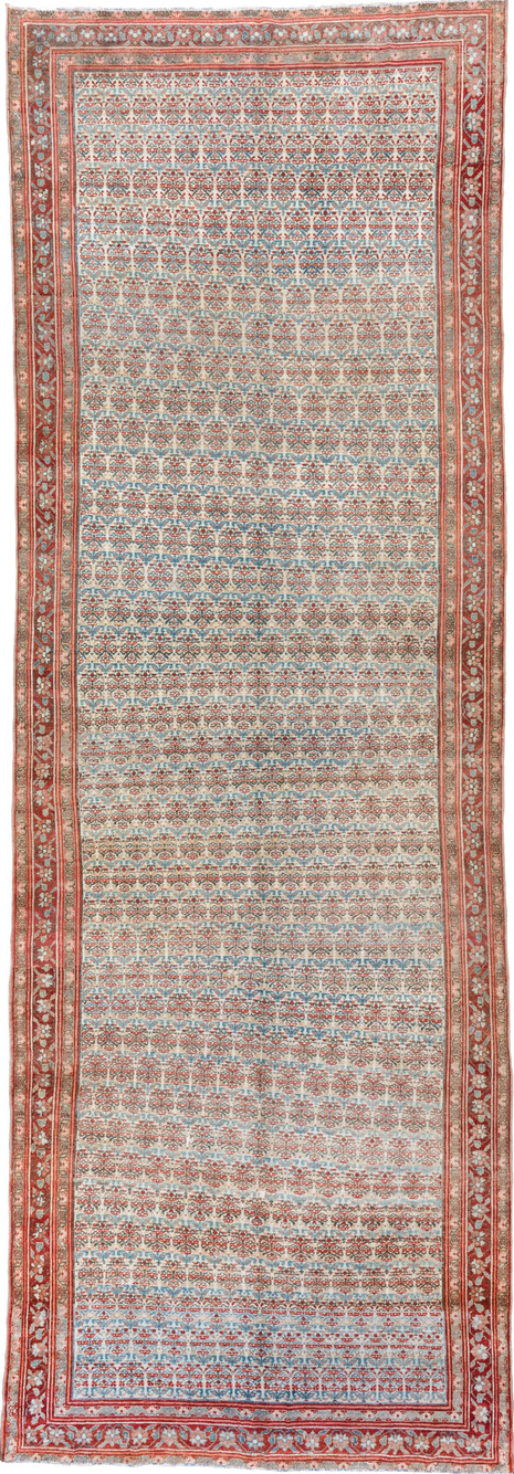 5' x 15' one-of-a-kind handmade vintage Malayer rug. Color palette: brown, dark gray, gray, light gray, off-white, pink, red