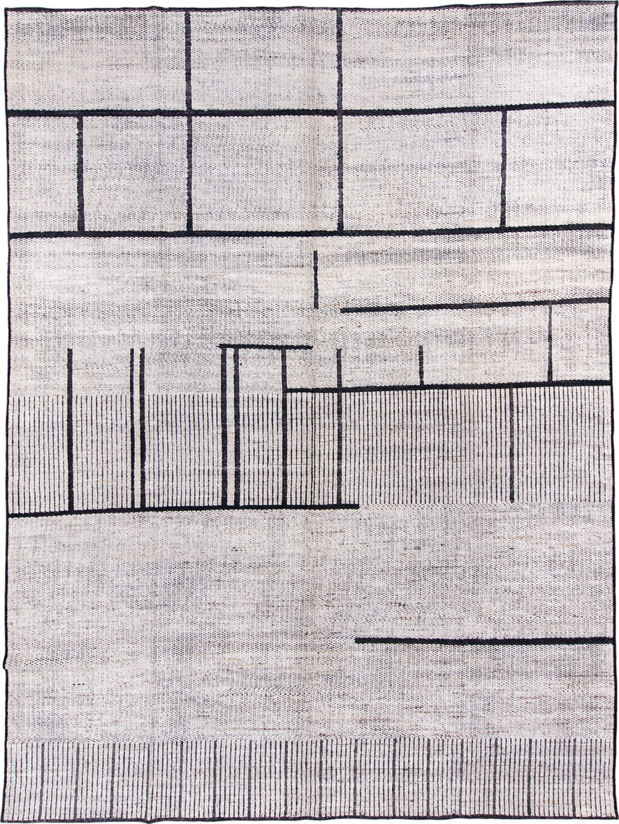 10' x 13' one-of-a-kind handmade vintage Tulu large size rug. Color palette: black, blue, charcoal, dark gray, dim gray