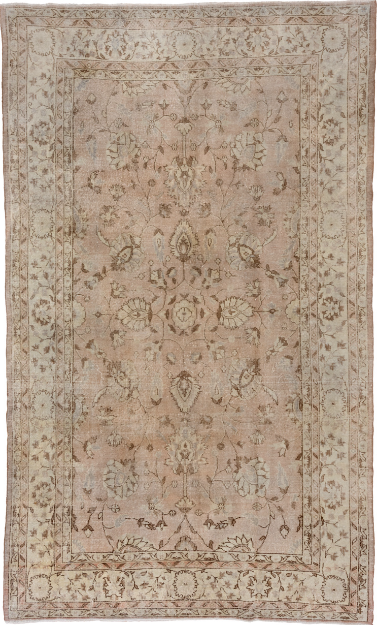 7' x 12' one-of-a-kind handmade vintage Oushak large size rug. Color palette: brown, gray, light gray, off-white, pink