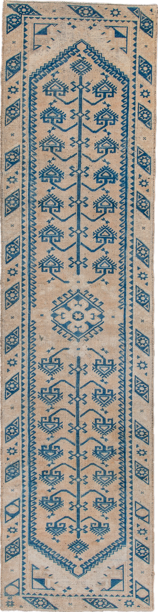 2' x 9' one-of-a-kind handmade vintage Oushak runner rug. Color palette: arapawa, black, blue, brown, charcoal, gray