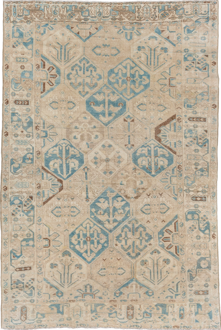 7' x 10' one-of-a-kind handmade vintage Baktiary large size rug. Color palette: brown, gray, light gray, off-white, pink