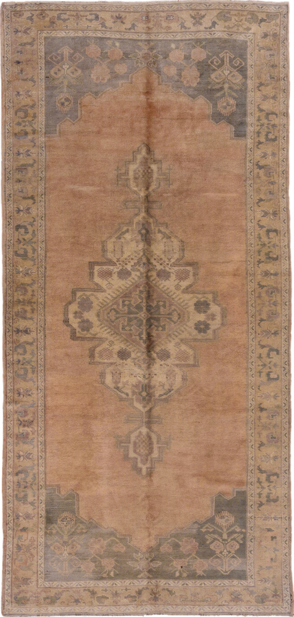 5' x 11' one-of-a-kind handmade vintage Oushak rug. Color palette: brown, gray, light gray, pink