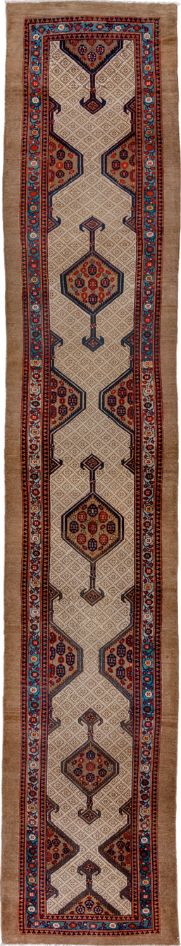 3' x 18' one-of-a-kind handmade vintage Cam Hamadan runner rug. Color palette: arapawa, black, blue, brown, charcoal, gray
