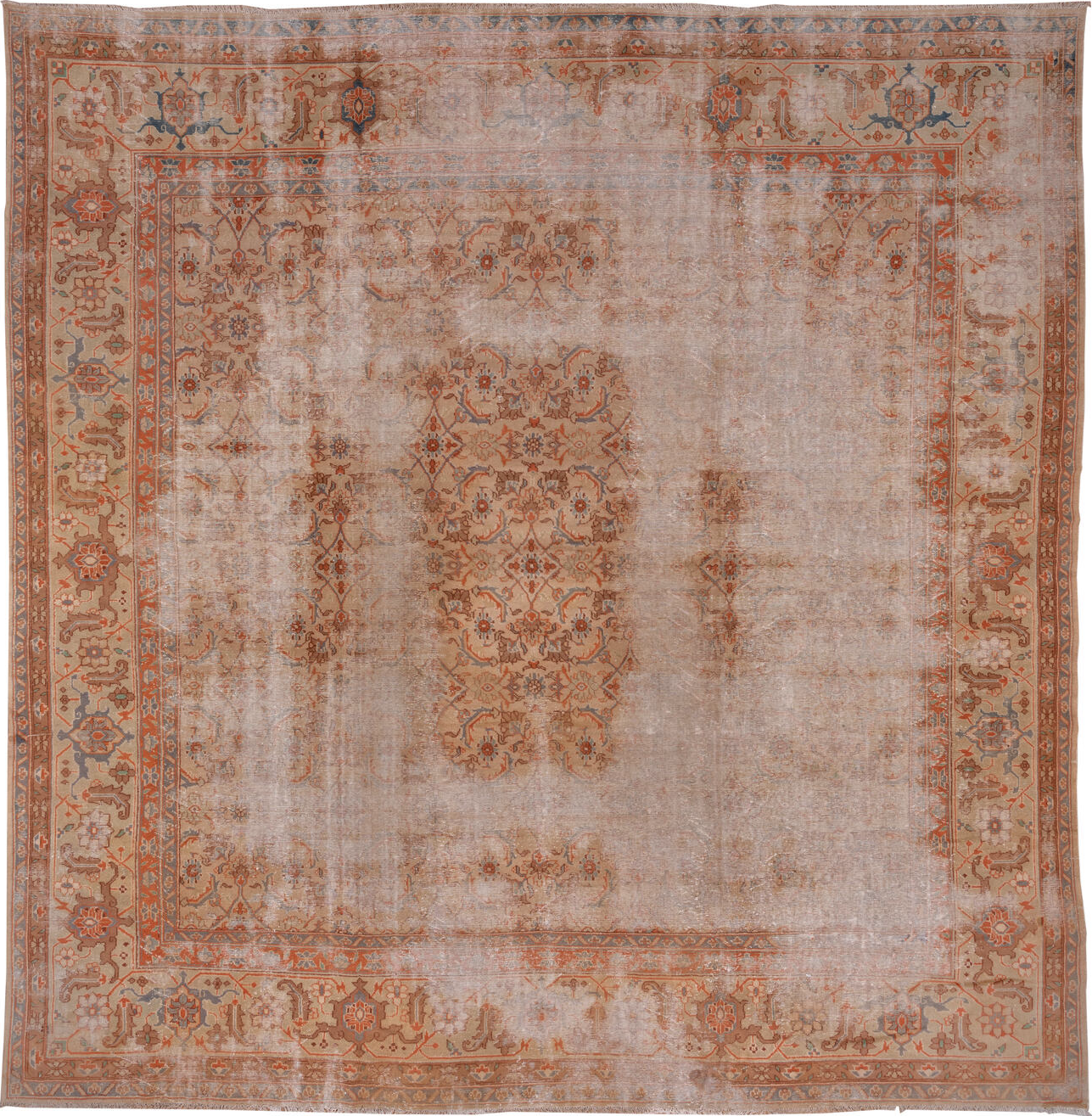16' x 16' one-of-a-kind handmade vintage Amritzar oversize rug. Color palette: brown, dim gray, gray, light gray, pink