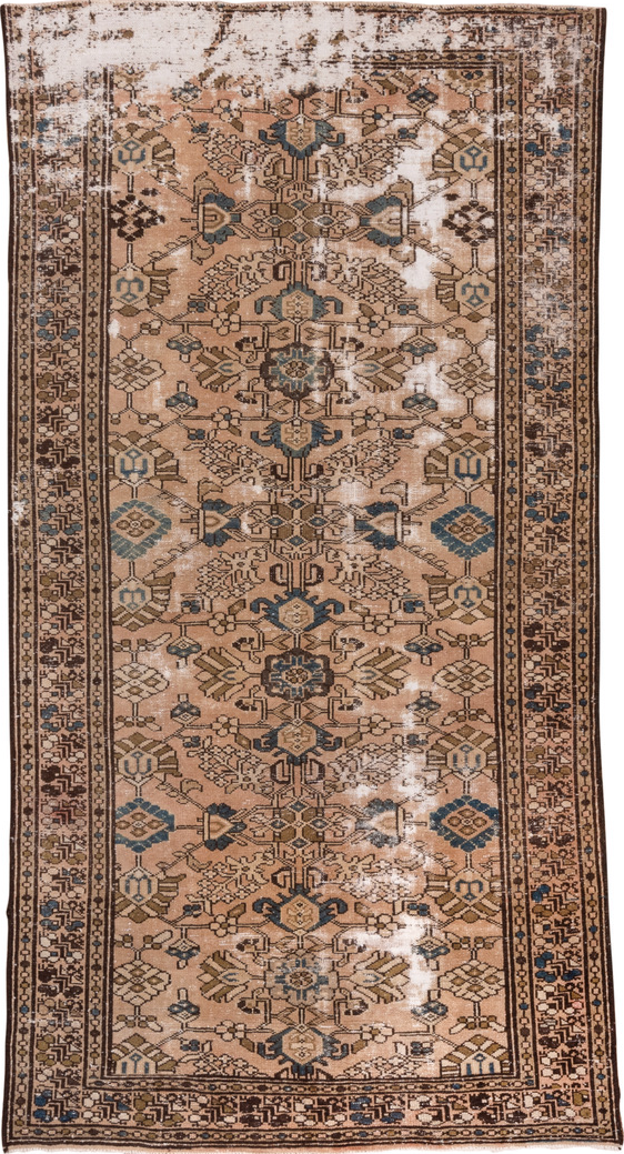5' x 9' one-of-a-kind handmade vintage Distressed medium size rug. Color palette: brown, gray, light gray, off-white