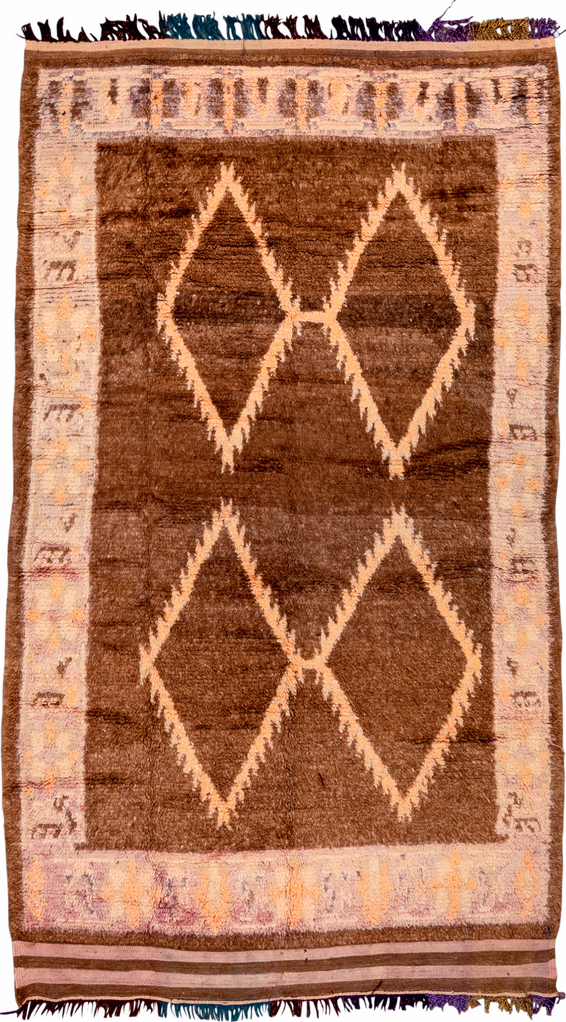 4' x 7' one-of-a-kind handmade vintage Moroccan rug. Color palette: black, blue, brown, gray, off-white, orange, pink