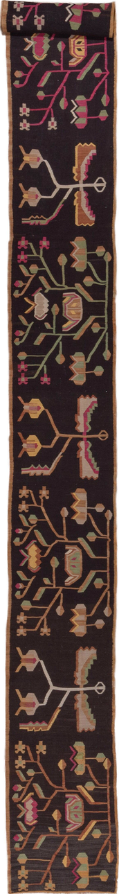 1' x 23' one-of-a-kind handmade vintage Besserabian rug. Color palette: black, brown, gray, light gray, off-white, pink, red