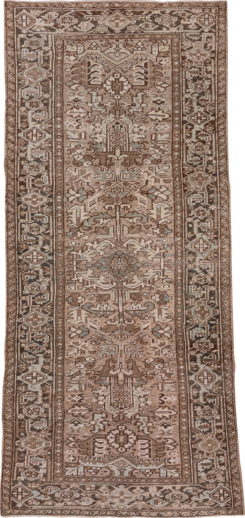 3' x 8' one-of-a-kind handmade vintage Heriz runner rug. Color palette: brown, gray, light gray, off-white, pink, redwood