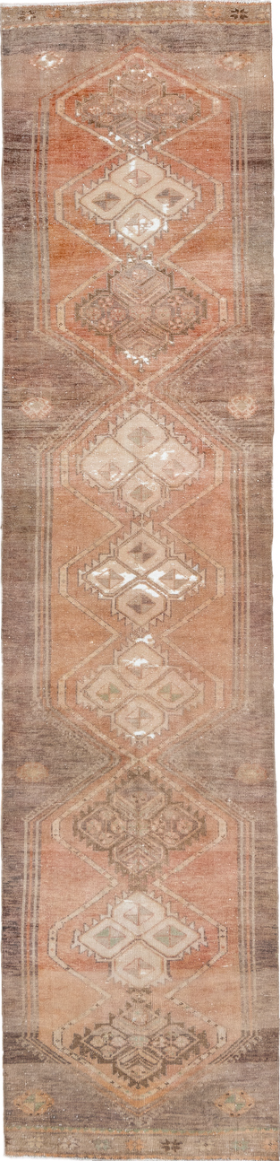 2' x 12' one-of-a-kind handmade vintage Oushak runner rug. Color palette: brown, off-white, orange, pink, snow, white