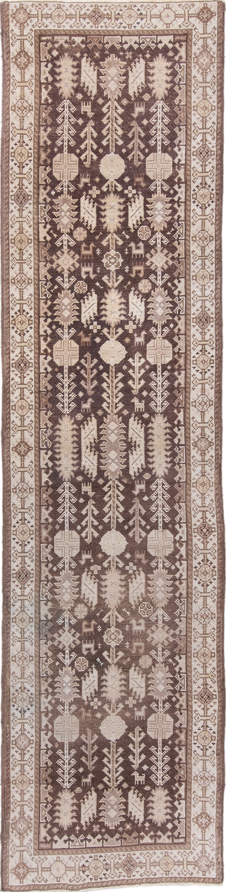 2' x 11' one-of-a-kind handmade vintage Oushak runner rug. Color palette: brown, gray, light gray, misty rose, off-white