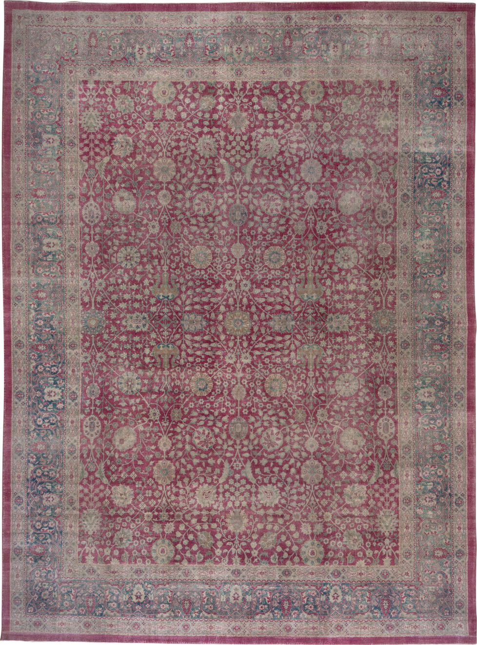 12' x 17' one-of-a-kind handmade vintage Sivas oversize rug. Color palette: blue, brown, dim gray, gray, light gray, pink