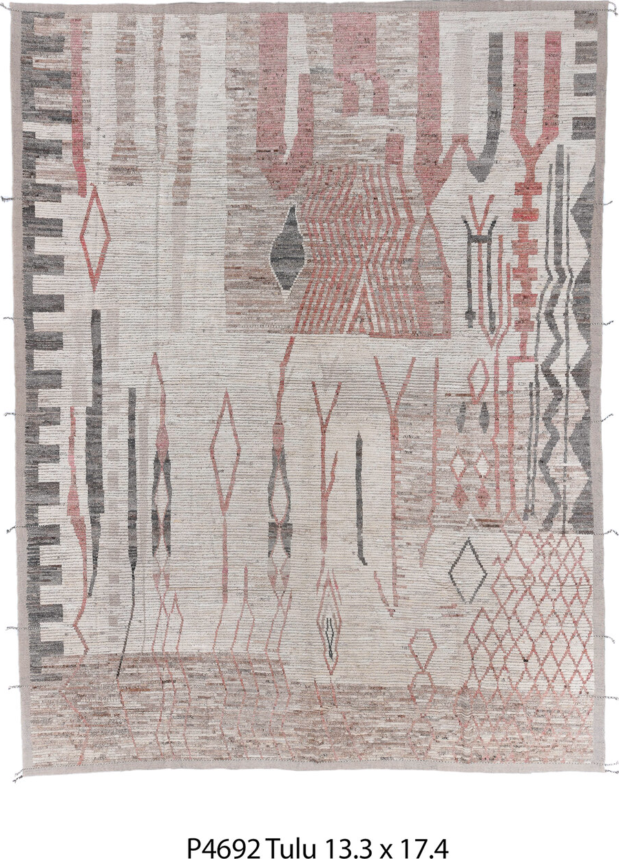 13' x 17' one-of-a-kind handmade vintage Tulu oversize rug. Color palette: dark gray, dim gray, gainsboro, gray, light gray